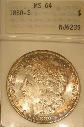 1880年 S モルガン銀貨 ANAホルダー MS 64、カラフルな色調、PL 4212に表示