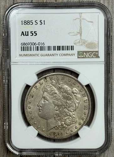 1885年 S モルガン銀貨 NGC AU 55、セミキーデートコイン