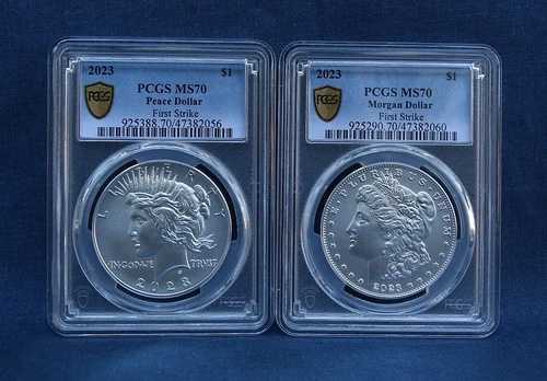2023-P 1ドル銀貨 ピース＆モーガンドル PCGS MS70 ファーストストライク 箱＆保証書付き