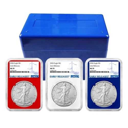 3点セット - 2026年 1ドル 1オンス アメリカン シルバー イーグル NGC MS70 ER ブルーラベル レッド ホワイト