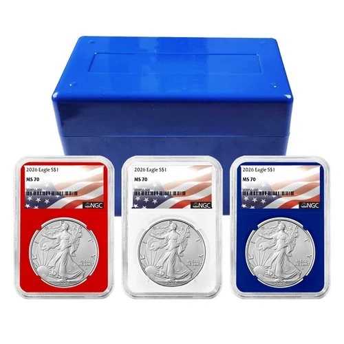 3点セット - 2026年 1ドル 1オンス アメリカン シルバー イーグル NGC MS70 フラッグラベル レッド ホワイト ブルー