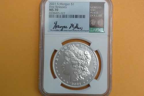 2021-S モルガン銀貨 NGC MS 70 ファーストリリース ウェイン・ミラー直筆サイン入り