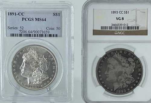 希少-----1891-CC PCGS MS 64 モルガン・ダラー & 1893-CC NGC VG8 モルガン・シルバー・ダラー