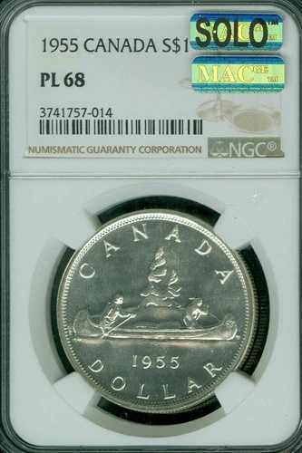 1955 カナダ ドル NGC PL68 PQ 1.5 ウォータール MAC ソロ 最高級スポットレス 非常に希少。