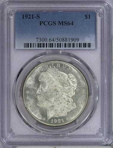 1921-S モーガン シルバー ダラー $1 PCGS MS64 - 多数のダイ ポリッシュ - セミ PL!