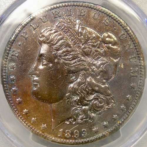 1893年 CC モーガン シルバードル 非常に希少 美しいレインボートーン PCGS XF 詳細