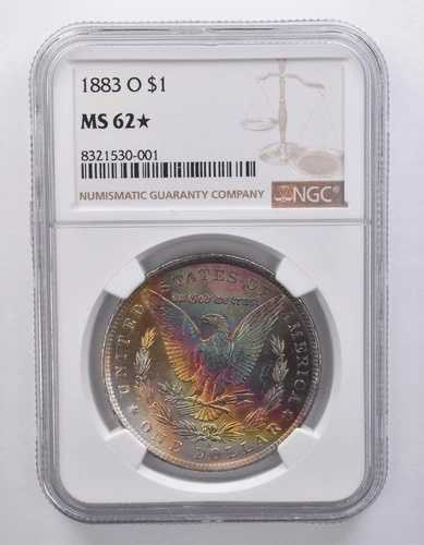 1883-O モルガン銀貨 MS62* STAR NGC レインボートーン リバース *7168