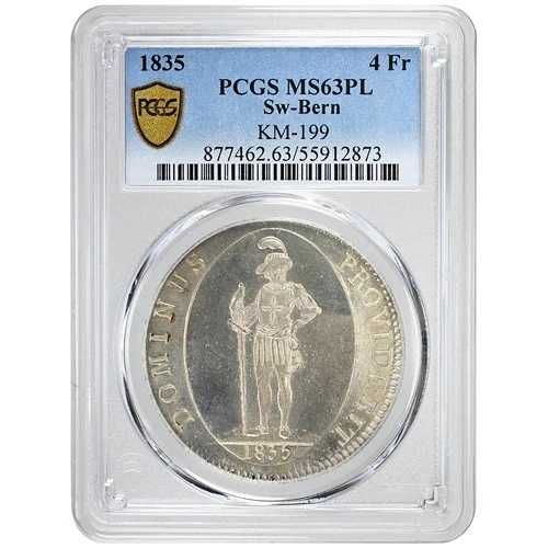 1835年 4フラン、スイス PCGS MS63PL、POP 2/1 希少コイン