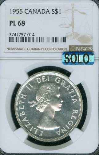 1955年カナダドル銀貨NGC PL68 MAC SOLO 最高品質＆無傷、非常に希少。