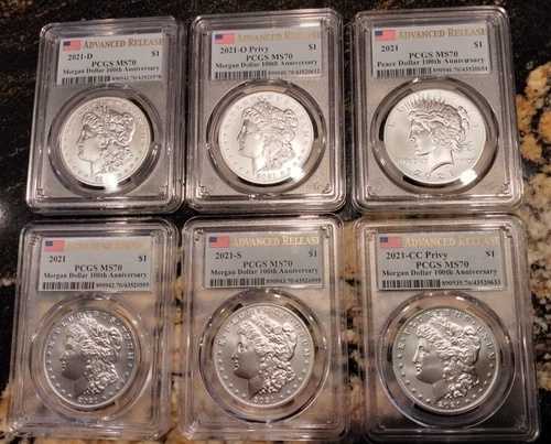 2021年 6枚セット モルガン/ピース シルバー コインセット PCGS MS70 AdvanceD リリース フラッグラベル