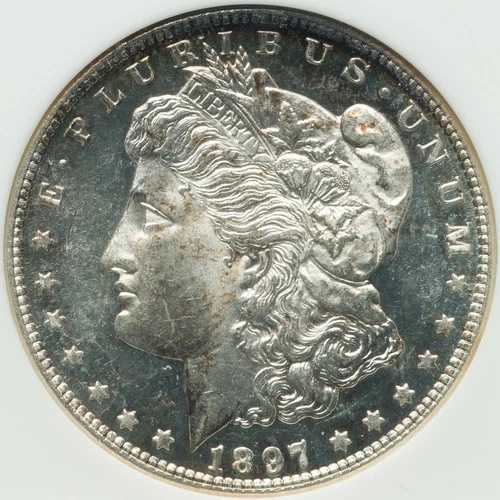 モルガン・シルバー・ダラー 1897-S ANA MS-63 DMPL！ANACS以前の古いスラブ。良好な品質品。