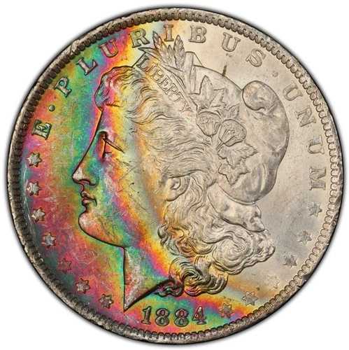 1884-O 1ドル モルガン・ダラー PCGS MS63 (CAC) -- 本物のレインボーコイン