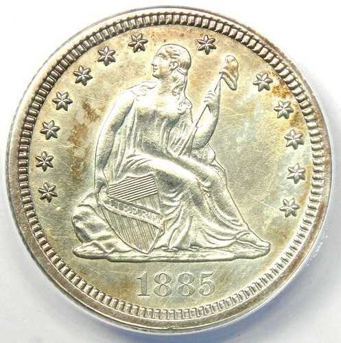 1885年 着席型自由の女神像 25セント硬貨 - ANACS MS60 詳細認定 (UNC) - 希少な日付｜WORLD RESOURCE【QUEEN店】