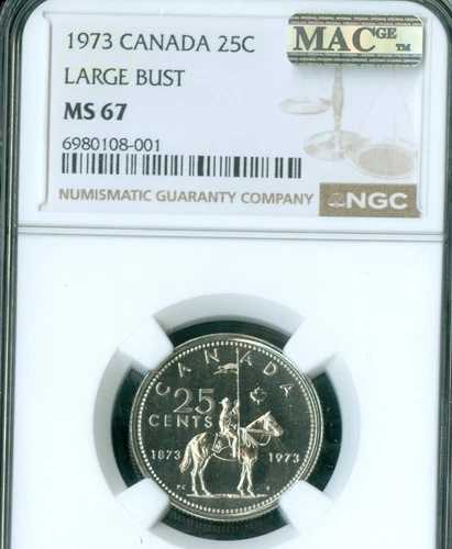 1973 年 大型胸像 カナダ 25 セント NGC MS67 PQ MAC スポットレス 希少 001 。
