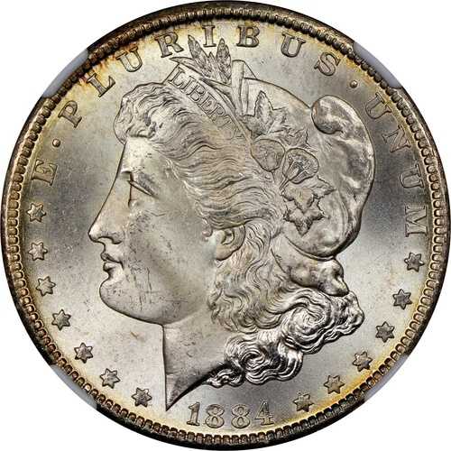 1884-CC $1 モルガン NGC MS65+ CAC -- フロスティホワイト、ライトゴールド周辺部トーニング｜WORLD RESOURCE【QUEEN店】