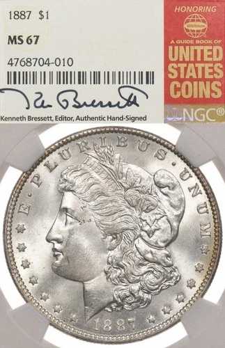 1887年 $1 NGC MS67 モルガン銀貨 ケネス・ブレセット署名 レッドブック｜WORLD RESOURCE【QUEEN店】