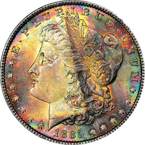 1885 MS63 PCGS - 美しいロールエンドのレインボートーンのモルガンシルバーダラーDD｜WORLD RESOURCE【QUEEN店】