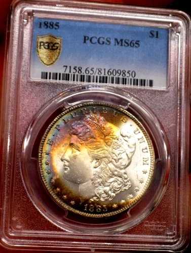 モーガン シルバードル 1885 PCGS MS 65 モンスター ネオン レインボー WOW コイン クレセントムーン