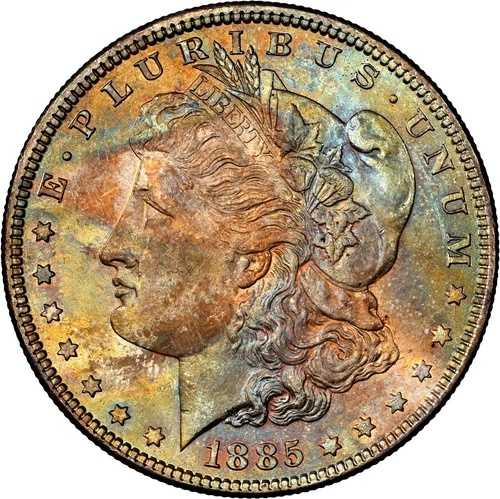 1885-P 1ドルモルガン・ダラー NGC MS66 -- 鮮やかなオレンジ、ブルー、グリーンの色合いの宝石