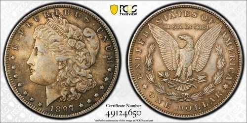 1897年製モルガン銀貨、美しい色合いでPCGSによりAU58と評価