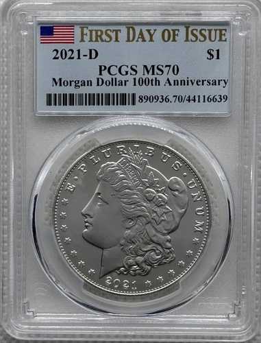 2021年 D・モルガン銀貨 1ドル 初日発行 デンバー PCGS MS70 - FDOI
