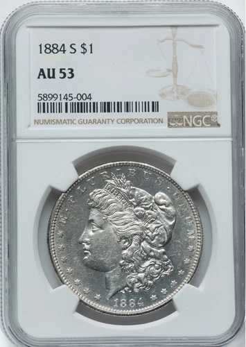 1884-S モーガン銀貨 - NGC AU 53 - 非常に良好！限りなく近い！