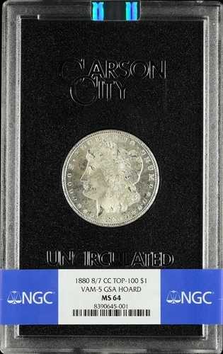 1880 8/7 CC TOP-100 $1 VAM-5 GSA HOARD NGC CERTIFIED MS64 箱とCOA付き