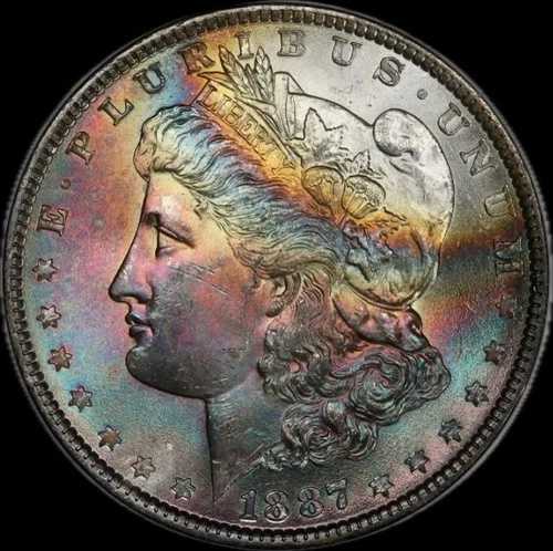 1887年 モルガン銀貨 PCGS MS65+ PQ モンスターレインボークレセントトーニング