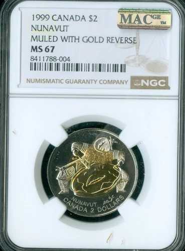 1999年カナダ $2 ヌナブト準州ミュールジ ゴールド リバース NGC MS67 MAC スポットレス POP-1。|WORLD RESOURCE【QUEEN店】