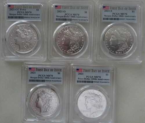2021年 モーガン＆ピース シルバードル PCGS MS70 発行初日旗 5枚セット｜WORLD RESOURCE【QUEEN店】