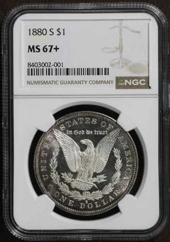 1880-S (MS67+) モルガン銀貨 $1 NGC - 見事な裏面