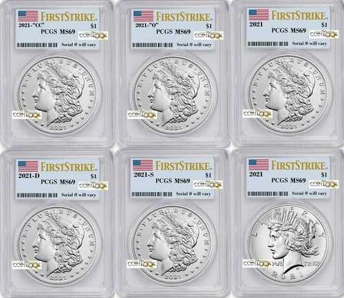 2021年 モルガン/ピース ドル 6枚セット - PCGS MS69 ファーストストライク プライベート P D S O CC 確認済み