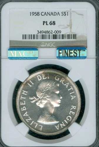 1958年カナダドル銀貨 NGC PL68 PQ MAC FINEST SPOTLESS POP-5 非常に希少。