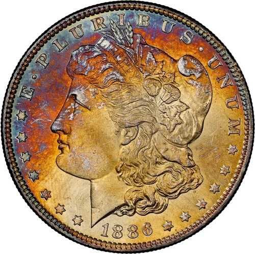 1886-P $1 モーガン NGC MS65 スター?? - 驚異的な燃えるようなオレンジ、赤褐色、そして青の色合い