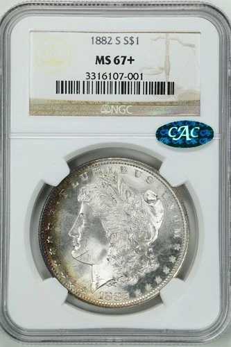 1882-S 1ドル モルガン銀貨 MS67+ NGC 3316107-001 CAC