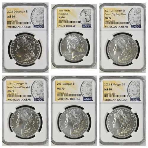 2021年 モルガン＆ピース シルバーダラー NGC - MS70 - 6枚セット P、D、S、O、CC、ピース 400,400円