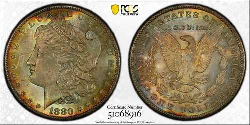 1880年製 モルガン銀貨 PCGS MS64 レインボートーン #8916