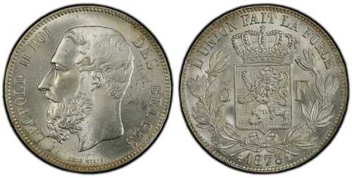 ベルギー。レオポルド2世。1873年 AR 5フラン PCGS MS64 KM 24。A位置; Dav.-53