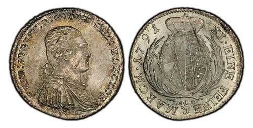 ドイツ聖ザクセン＝アルベルティーネ・フリードリヒ・アウグスト3世 1791年 IEC 1/3ターラー PCGS MS65