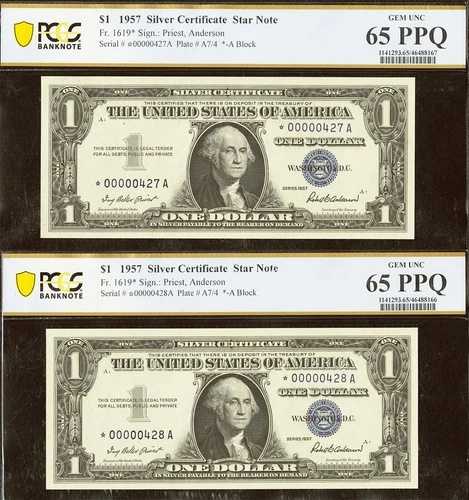 1957年 1ドル銀貨証明書 PCGS 65PPQ 希少 2連続低シリアルスター 427 428