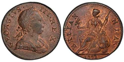 イギリス、ジョージ3世。1773年製、CUハーフペニー。PCGS MS63RB（赤茶色）。KM 601