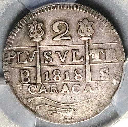 1818年 PCGS XF 45 カラカス 2レアル ベネズエラ F7 王党派銀貨 (25011904C)