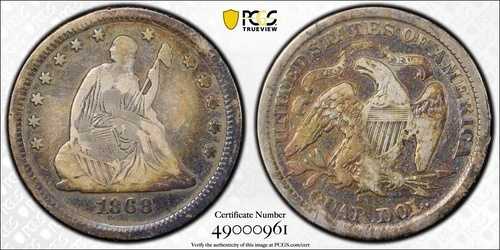 1868年 S PCGS ゴールドシールド VG 詳細彫刻デバイス 着席型 25セント クォーター US コイン