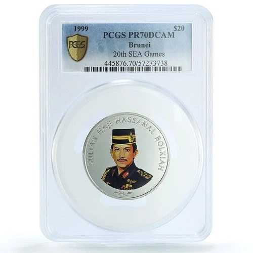 ブルネイ 20ドル 東南アジア競技大会 ボルキアスタジアム KM-72 PR 70 PCGS 銀貨 1999年