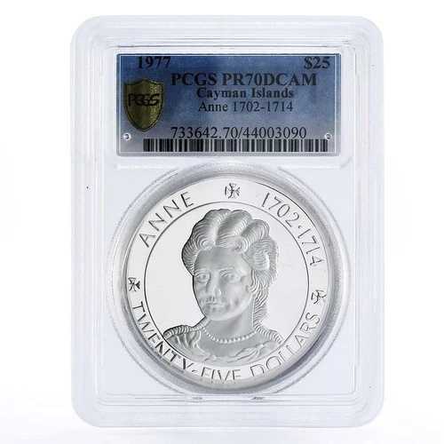 ケイマン諸島 25ドル クイーンアン PR70 PCGS 銀貨 1977年