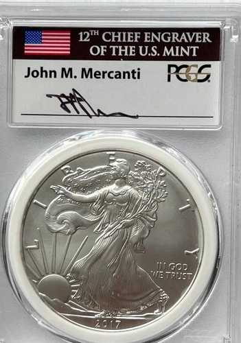 2017年 (P) シルバーイーグル PCGS MS70 フィラデルフィア・マーカンティで鋳造 彫刻家によるサイン入り