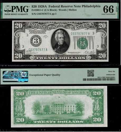 1928A 20ドル連邦準備銀行券 フィラデルフィア PMG 66EPQ - 2番目に高いグレード