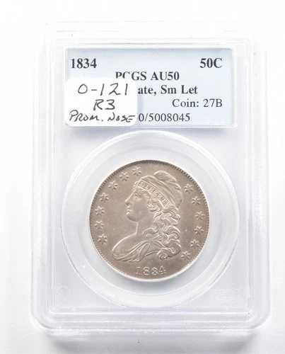 1834年 胸像ハーフドル 小型日付/文字入り AU50 PCGS O-121 R3 プロムノーズ *2315