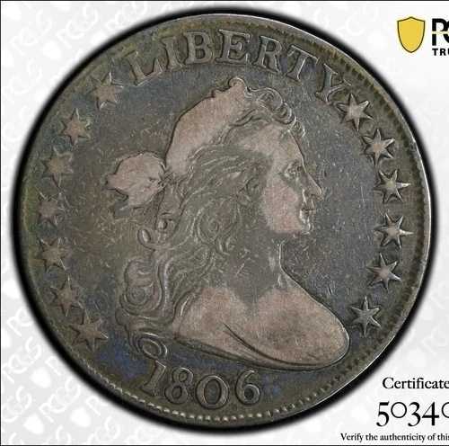 1806年 ドレープバスト ハーフダラー ポインテッド 6、ステムなし 50セント 問題なしコイン PCGS F12