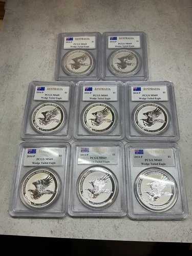 (8) 2014P 1オンス オーストラリア シルバー ウェッジテールイーグル PCGS MS69 - メルカンティサイン入り